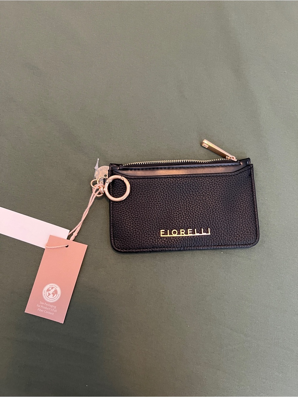 Black Pebbled Faux Leather Zip Card Holder with Key Ring